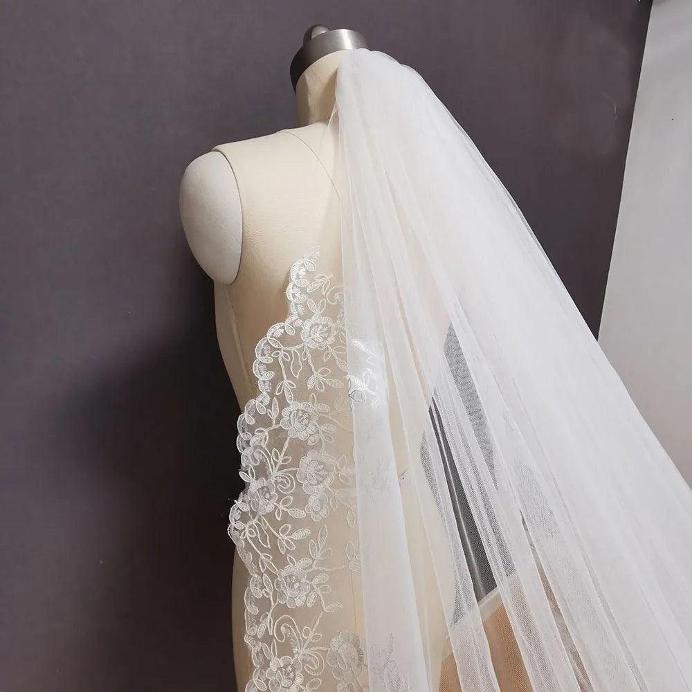 One Layer 3.5 Meters Long Wedding Veil White Ivory Lace Bridal Veil with Comb Bridal Headpiece Voile Mariage - YOURISHOP.COM