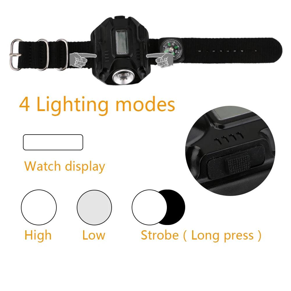 Portable Wrist Light R2 LED Wrist Watch Flashlight USB Rechargeable Wrist Flashlights Tactical Torch With Time Display Compass - YOURISHOP.COM