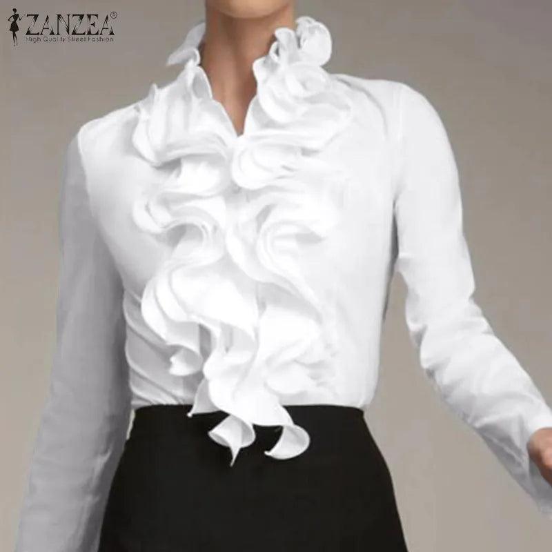 S ZANZEA Ladies Chic Tunic Tops Spring Office Ruffles Shirts Women Long Sleeve Elegant Work Flounce Blouse Female Blusas - YOURISHOP.COM