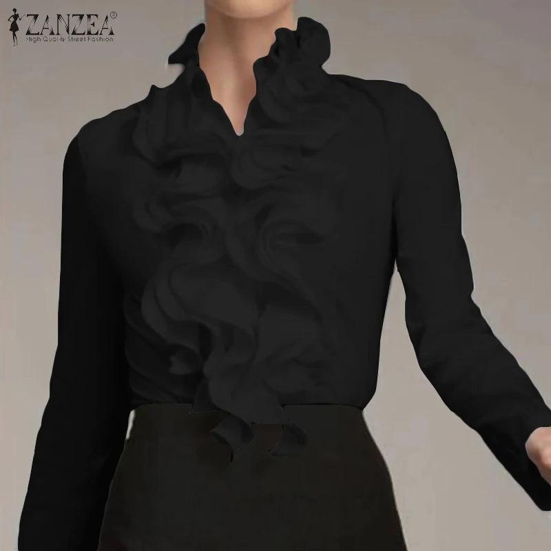 S ZANZEA Ladies Chic Tunic Tops Spring Office Ruffles Shirts Women Long Sleeve Elegant Work Flounce Blouse Female Blusas - YOURISHOP.COM