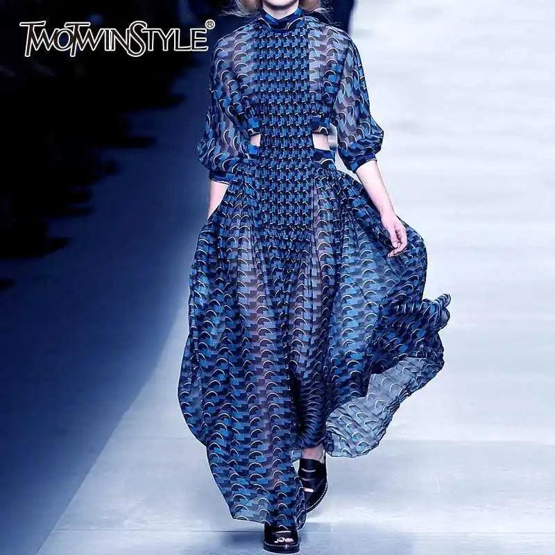 TWOTWINSTYLE Summer Print Dress For Women Stand Collar Long Sleeve High Waist Hollow Out Midi Dresses Female Fashion 2022 New - YOURISHOP.COM