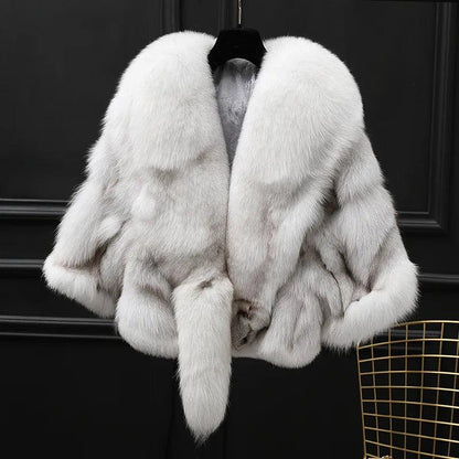 Winter Cloak Warm Women Cardigan big real Fox Fur Collar Cape Fashion Solid Poncho With medium Fur Sleeves Evening dress shaw - YOURISHOP.COM