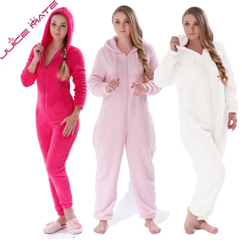 Winter Warm Pajamas Women Onesies Fluffy Fleece Jumpsuits Sleepwear Plus Size Hooded Stitch Pajamas Onesie For Women Adult - YOURISHOP.COM