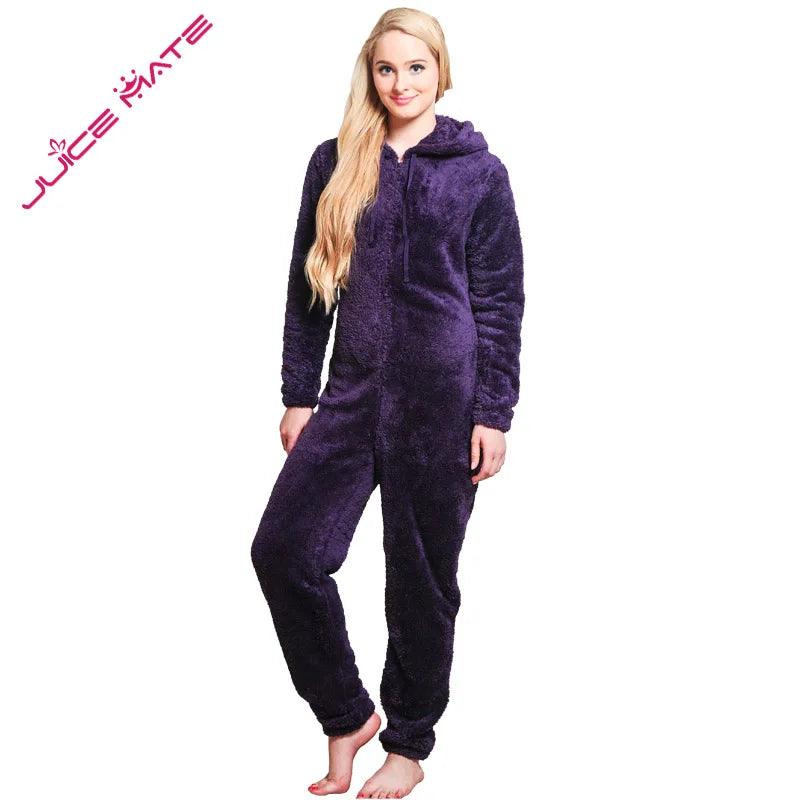 Winter Warm Pajamas Women Onesies Fluffy Fleece Jumpsuits Sleepwear Plus Size Hooded Stitch Pajamas Onesie For Women Adult - YOURISHOP.COM