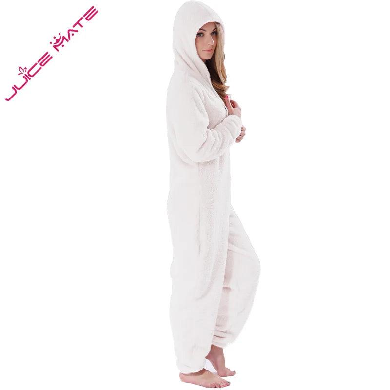 Winter Warm Pajamas Women Onesies Fluffy Fleece Jumpsuits Sleepwear Plus Size Hooded Stitch Pajamas Onesie For Women Adult - YOURISHOP.COM