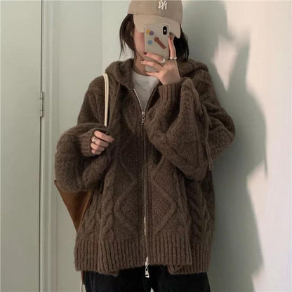 Women Autumn Winter Oversize Knitted Cardigan Casual 2022 Hooded Twist Sweater Zipper Long Sleeve Crochet Outerwear - YOURISHOP.COM