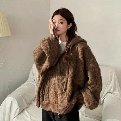 Women Autumn Winter Oversize Knitted Cardigan Casual 2022 Hooded Twist Sweater Zipper Long Sleeve Crochet Outerwear - YOURISHOP.COM