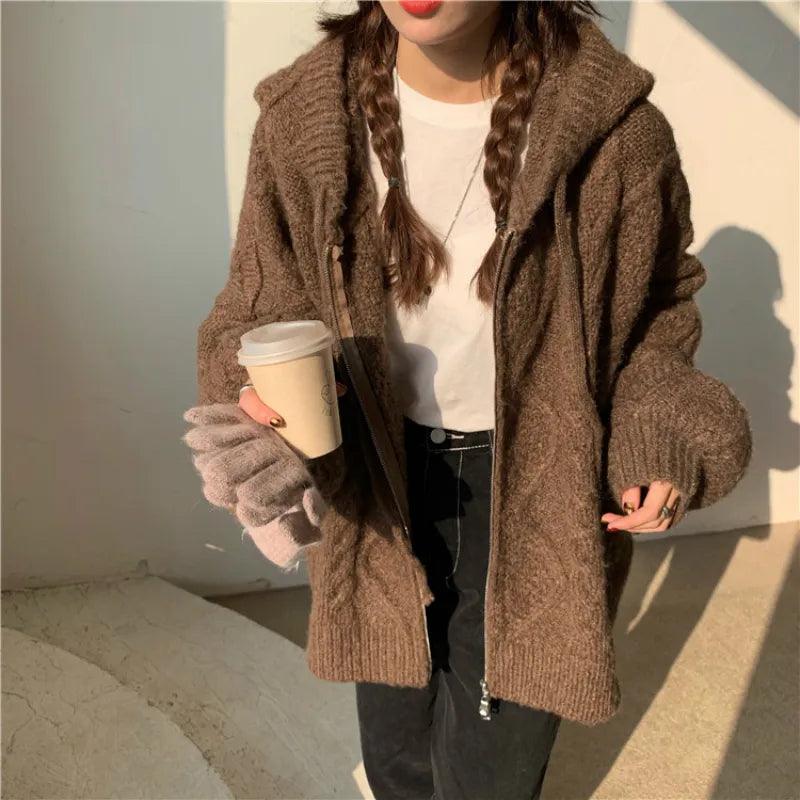 Women Autumn Winter Oversize Knitted Cardigan Casual 2022 Hooded Twist Sweater Zipper Long Sleeve Crochet Outerwear - YOURISHOP.COM