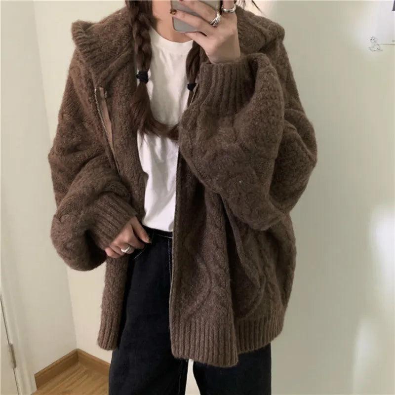 Women Autumn Winter Oversize Knitted Cardigan Casual 2022 Hooded Twist Sweater Zipper Long Sleeve Crochet Outerwear - YOURISHOP.COM