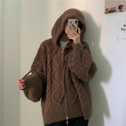 Women Autumn Winter Oversize Knitted Cardigan Casual 2022 Hooded Twist Sweater Zipper Long Sleeve Crochet Outerwear - YOURISHOP.COM