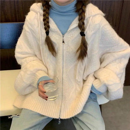 Women Autumn Winter Oversize Knitted Cardigan Casual 2022 Hooded Twist Sweater Zipper Long Sleeve Crochet Outerwear - YOURISHOP.COM