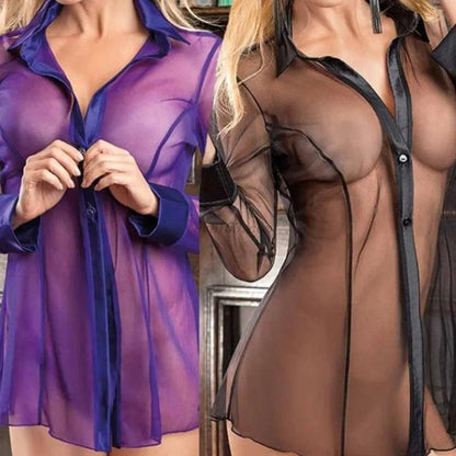 Women Button Lingerie Dress Transparent Clubwear Stripper Long Sleeve Blouse New - YOURISHOP.COM