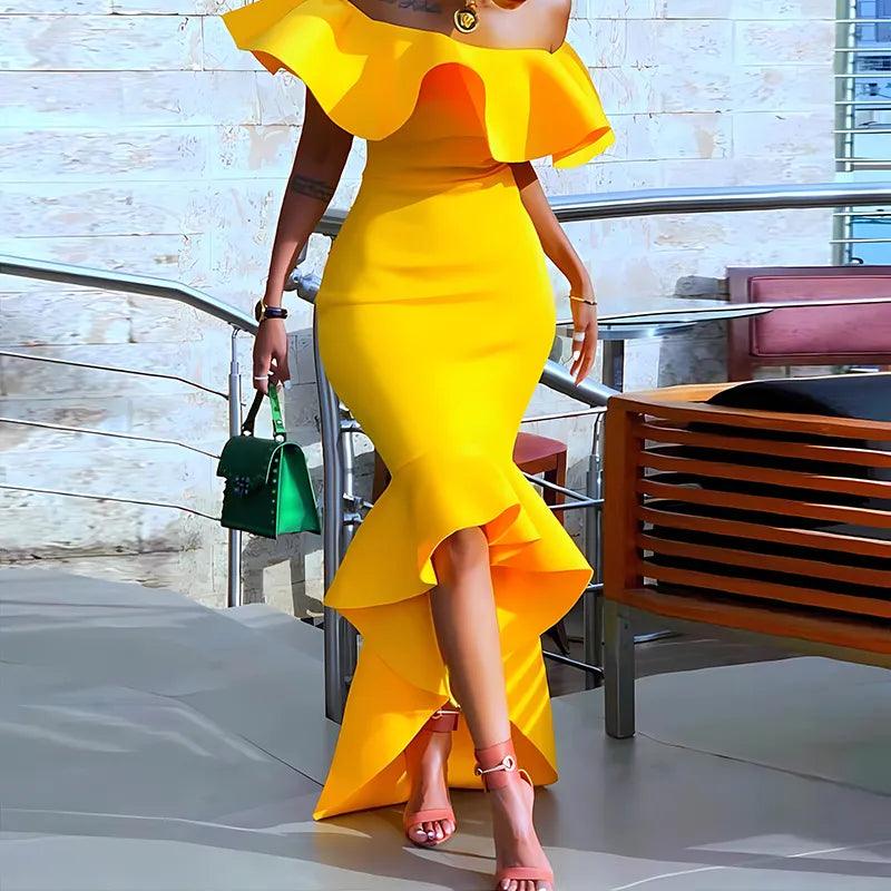 Women's Off Shoulder Sleeveless Mermaid Dress Sexy Bodycon Dress Slash Neck Ruffles Backless Yellow Elegant Party Dress 2023 - YOURISHOP.COM