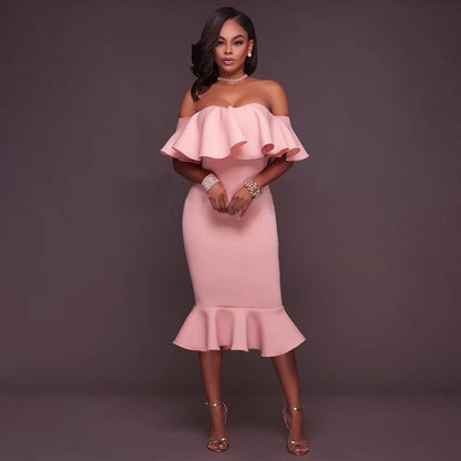 Women's Off Shoulder Sleeveless Mermaid Dress Sexy Bodycon Dress Slash Neck Ruffles Backless Yellow Elegant Party Dress 2023 - YOURISHOP.COM