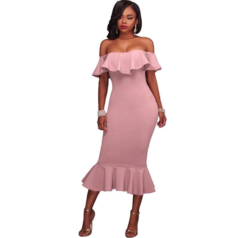 Women's Off Shoulder Sleeveless Mermaid Dress Sexy Bodycon Dress Slash Neck Ruffles Backless Yellow Elegant Party Dress 2023 - YOURISHOP.COM