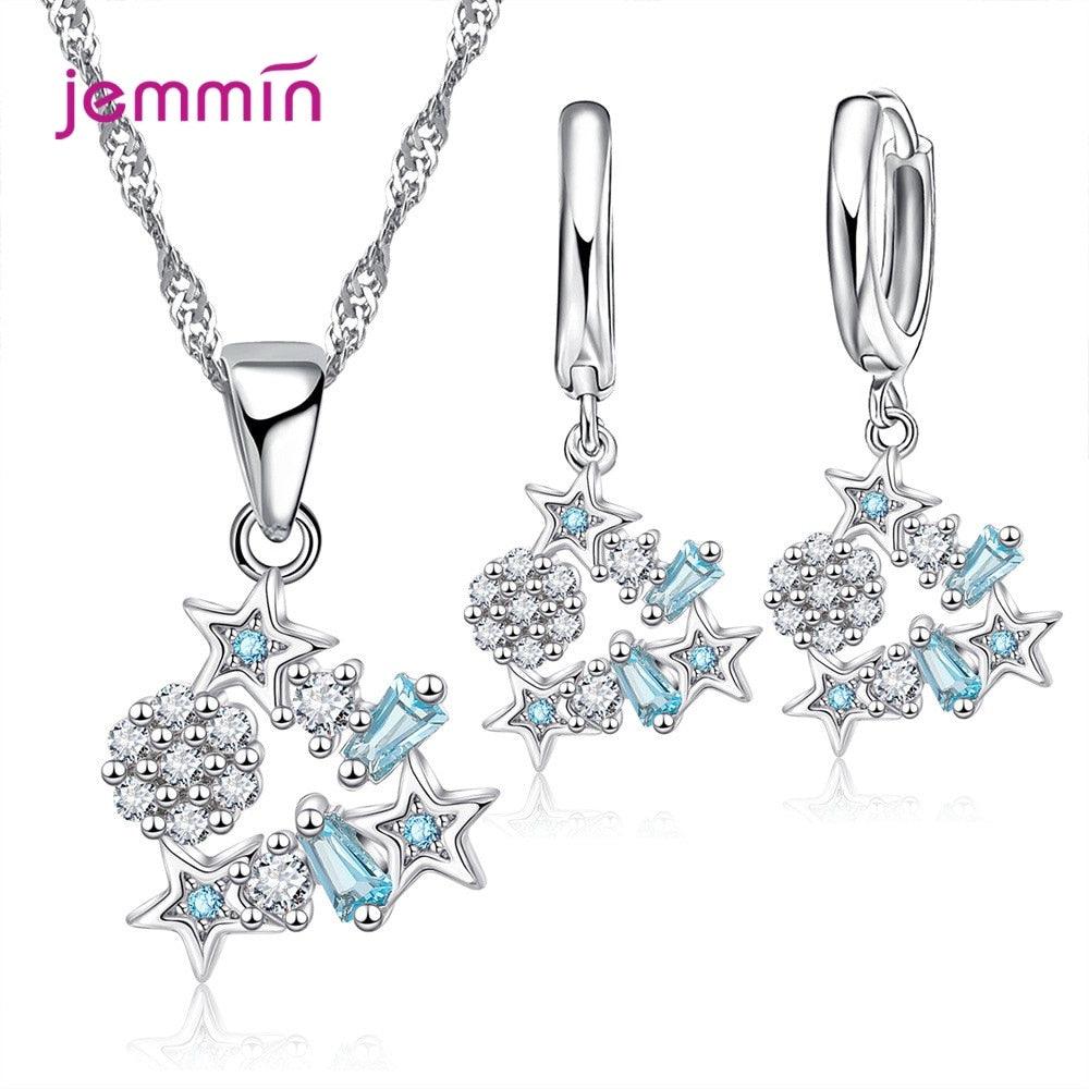 Korean Trend Classic Star 925 Sterling Silver AAA++ CZ Zircon Wedding Engagement Necklaces Hoop Earring Jewelry Sets Gifts - YOURISHOP.COM