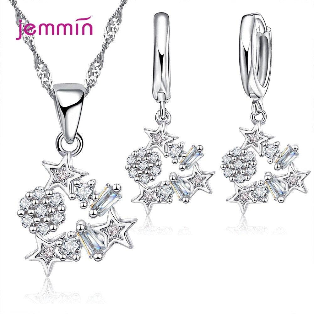 Korean Trend Classic Star 925 Sterling Silver AAA++ CZ Zircon Wedding Engagement Necklaces Hoop Earring Jewelry Sets Gifts - YOURISHOP.COM