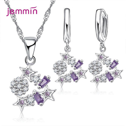 Korean Trend Classic Star 925 Sterling Silver AAA++ CZ Zircon Wedding Engagement Necklaces Hoop Earring Jewelry Sets Gifts - YOURISHOP.COM