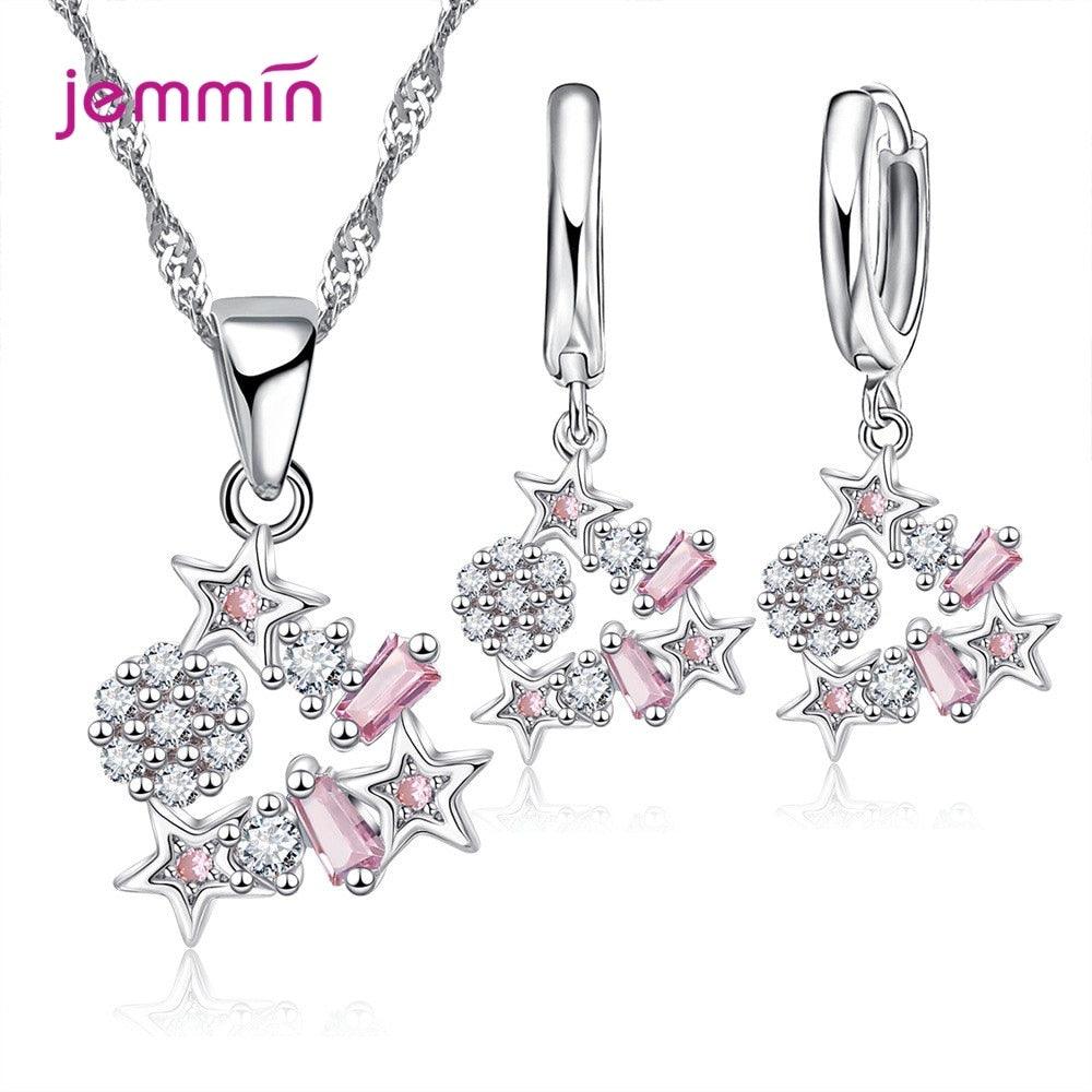 Korean Trend Classic Star 925 Sterling Silver AAA++ CZ Zircon Wedding Engagement Necklaces Hoop Earring Jewelry Sets Gifts - YOURISHOP.COM