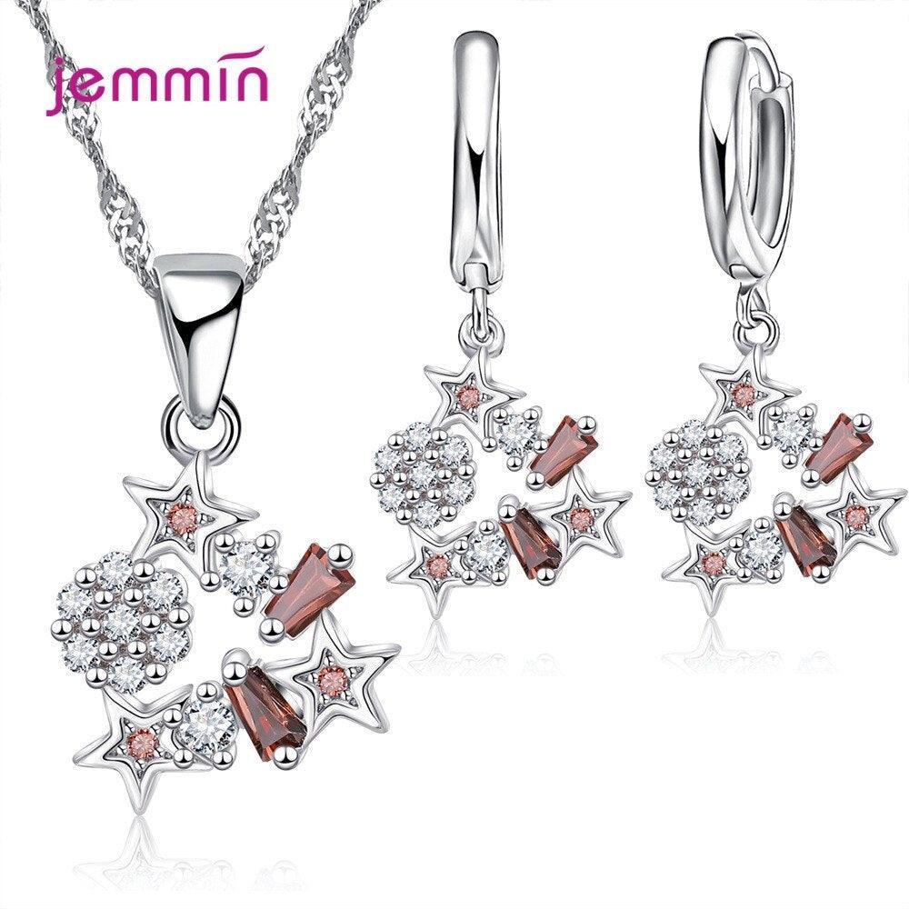 Korean Trend Classic Star 925 Sterling Silver AAA++ CZ Zircon Wedding Engagement Necklaces Hoop Earring Jewelry Sets Gifts - YOURISHOP.COM