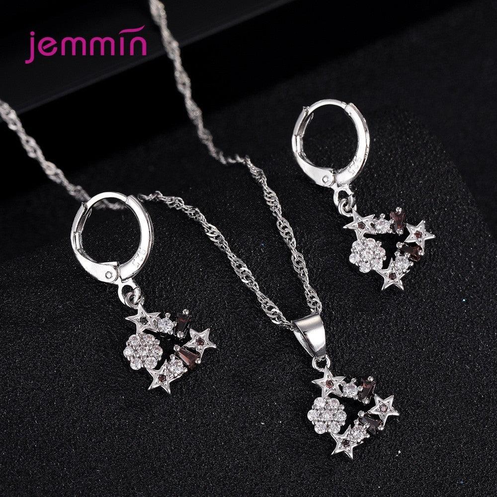 Korean Trend Classic Star 925 Sterling Silver AAA++ CZ Zircon Wedding Engagement Necklaces Hoop Earring Jewelry Sets Gifts - YOURISHOP.COM