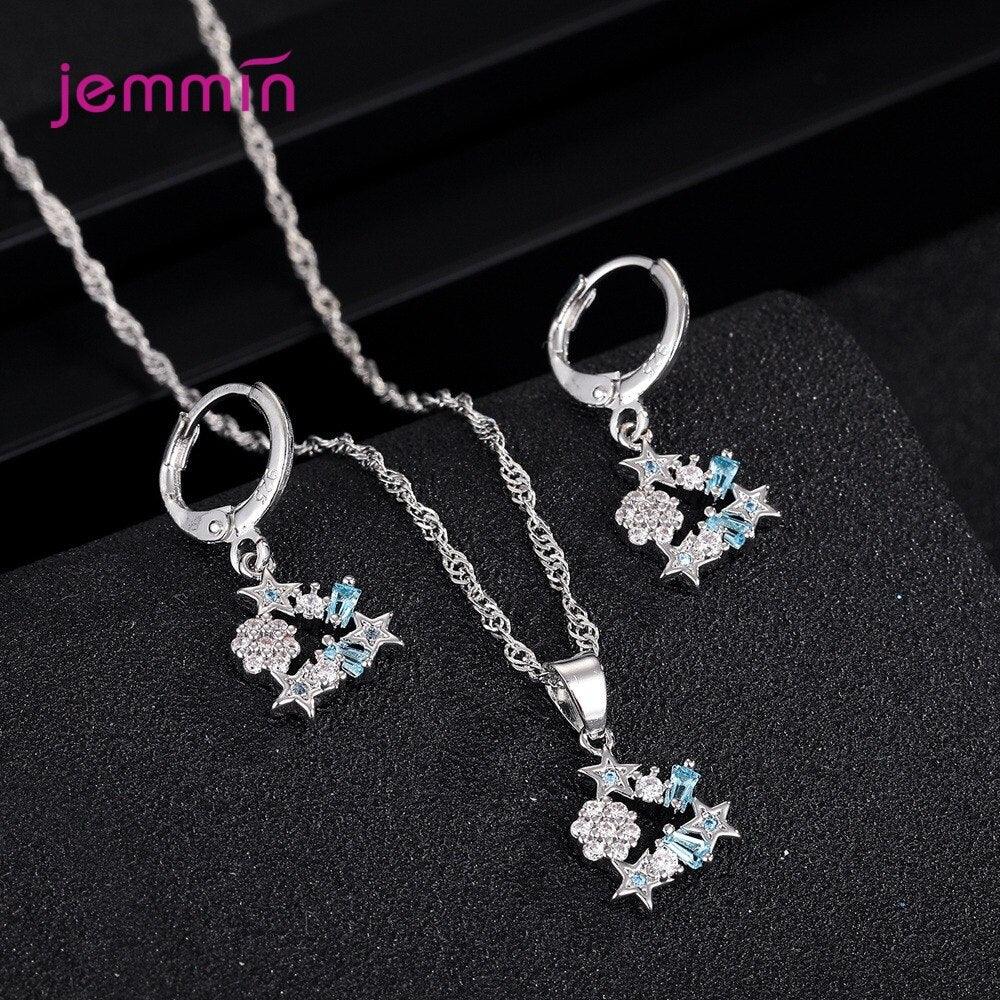 Korean Trend Classic Star 925 Sterling Silver AAA++ CZ Zircon Wedding Engagement Necklaces Hoop Earring Jewelry Sets Gifts - YOURISHOP.COM