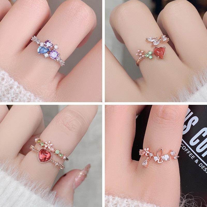 New Delicate Zircon Rings Micro-inlaid Crystal Elegant Flowers Heart Rings For Women Adjustable Opening Rings Party Jewelry - YOURISHOP.COM