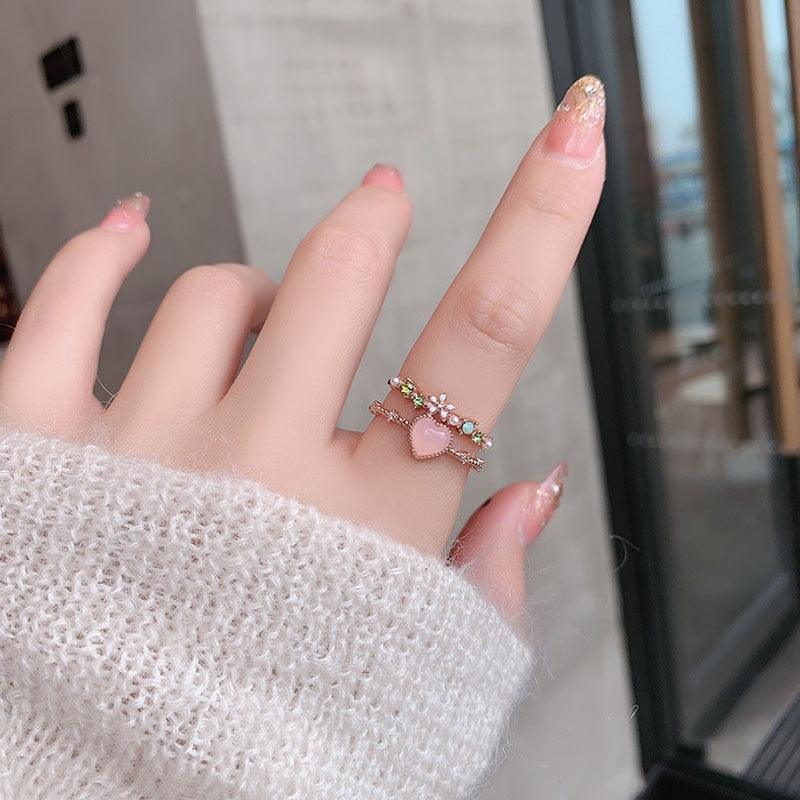 New Delicate Zircon Rings Micro-inlaid Crystal Elegant Flowers Heart Rings For Women Adjustable Opening Rings Party Jewelry - YOURISHOP.COM