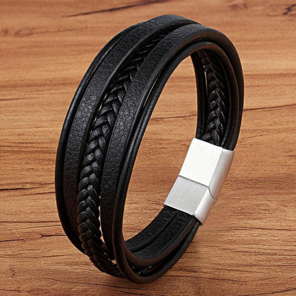 TYO Fashion Stainless Steel Charm Magnetic Black Men Bracelet Leather Genuine Braided Punk Rock Bangles Jewelry Accessories - YOURISHOP.COM