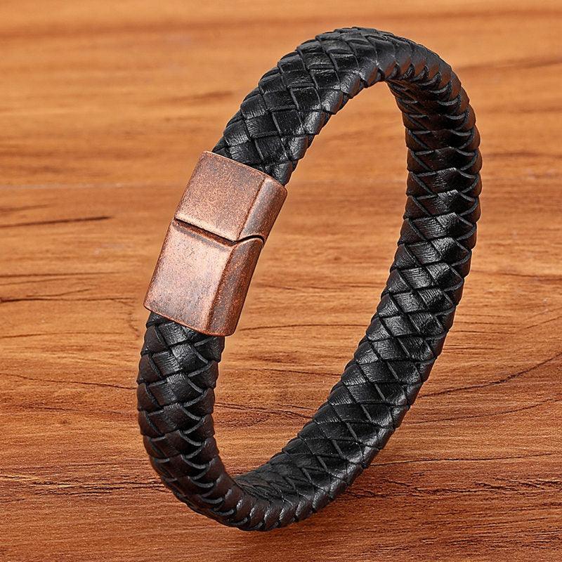 TYO Fashion Stainless Steel Charm Magnetic Black Men Bracelet Leather Genuine Braided Punk Rock Bangles Jewelry Accessories - YOURISHOP.COM