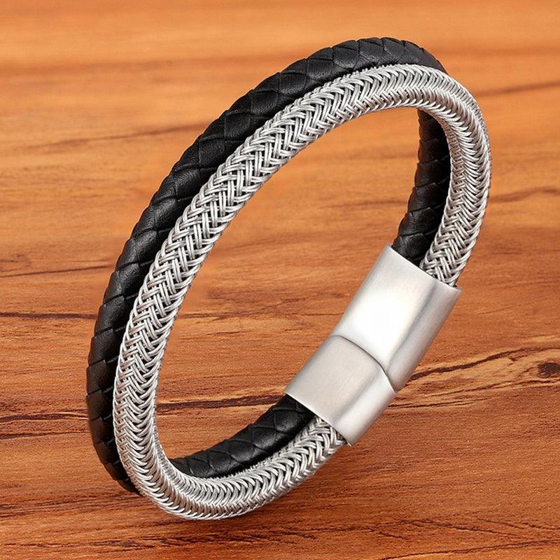 TYO Fashion Stainless Steel Charm Magnetic Black Men Bracelet Leather Genuine Braided Punk Rock Bangles Jewelry Accessories - YOURISHOP.COM