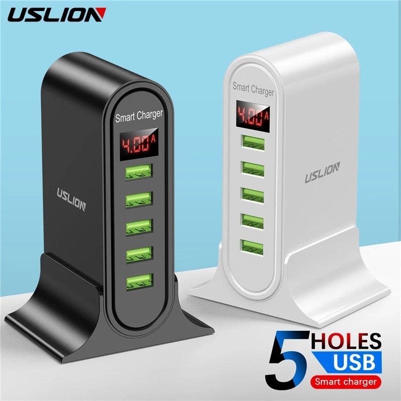 USLION 5 Port USB Charger For Xiaomi LED Display Multi USB Charging Station Universal Phone Desktop Wall Home EU US UK Plug - YOURISHOP.COM