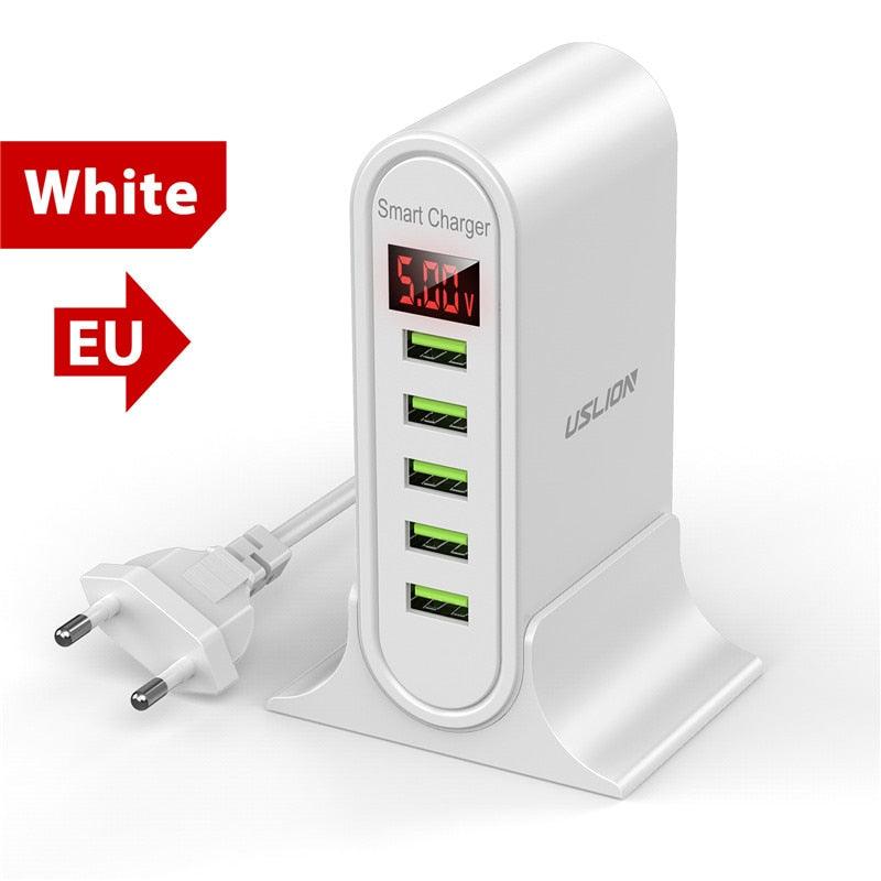 USLION 5 Port USB Charger For Xiaomi LED Display Multi USB Charging Station Universal Phone Desktop Wall Home EU US UK Plug - YOURISHOP.COM