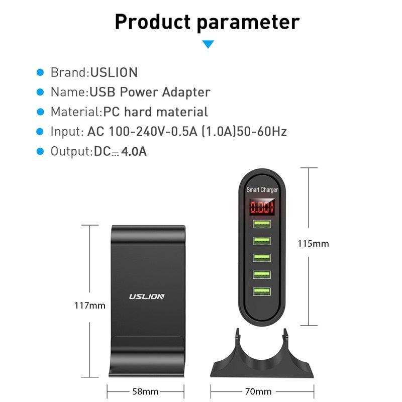 USLION 5 Port USB Charger For Xiaomi LED Display Multi USB Charging Station Universal Phone Desktop Wall Home EU US UK Plug - YOURISHOP.COM