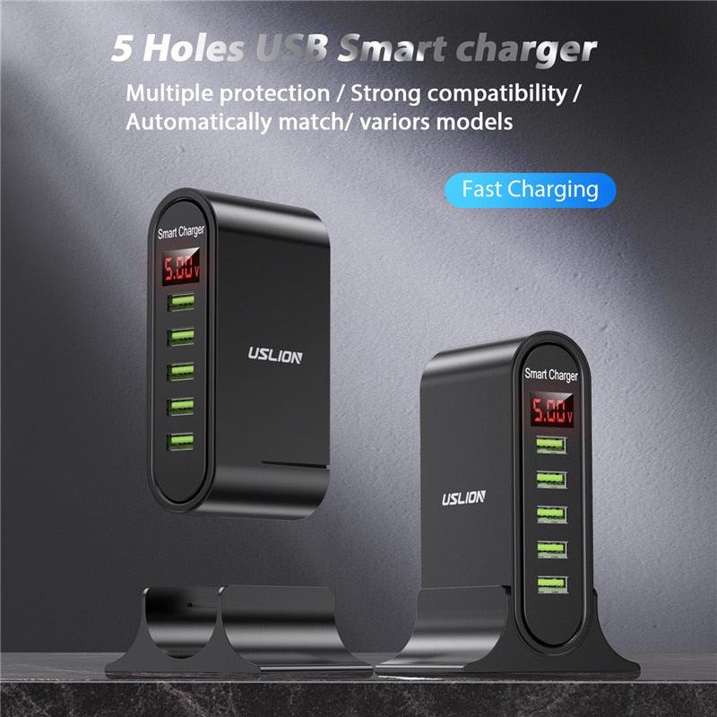 USLION 5 Port USB Charger For Xiaomi LED Display Multi USB Charging Station Universal Phone Desktop Wall Home EU US UK Plug - YOURISHOP.COM