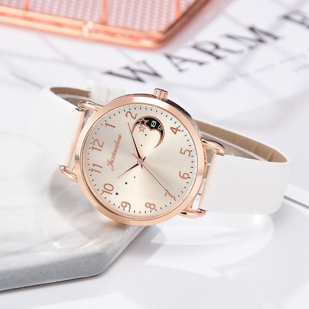 Women Watch Moon Numbers Dial popular Bracelet Watches Set Ladies Leather Band Quartz